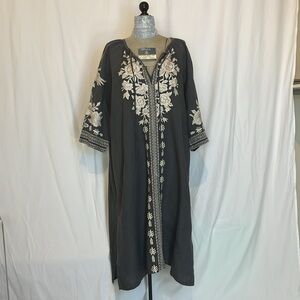 Johnny Was gray /tan embroidered caftan dress L perfect anytime! Nice condition